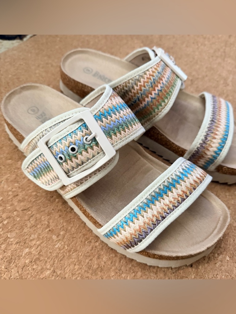 Bjorndal Multicolor Zigzag Wedge Sandals with Cream Buckle